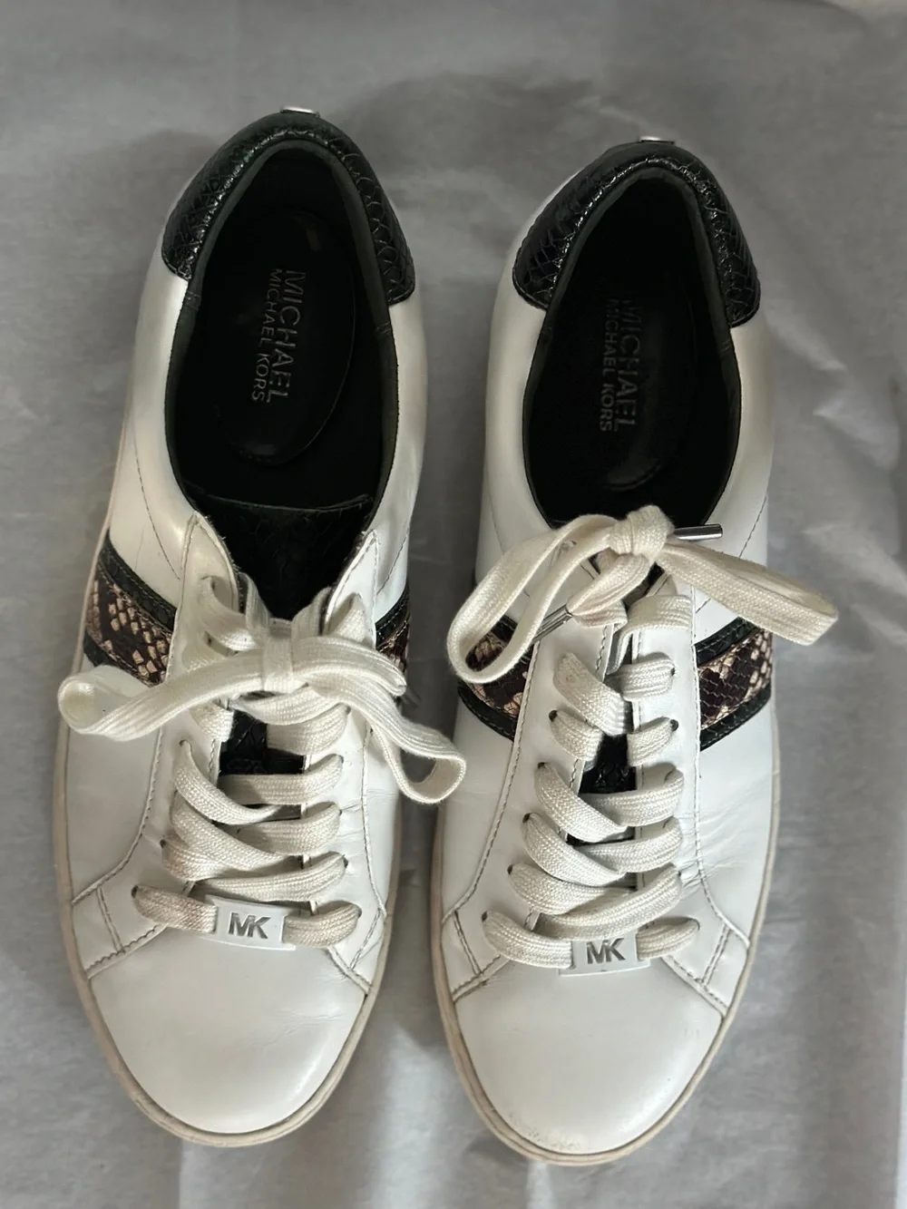Michael Kors White Leather Sneakers with Dark Green & Snakeskin Trim